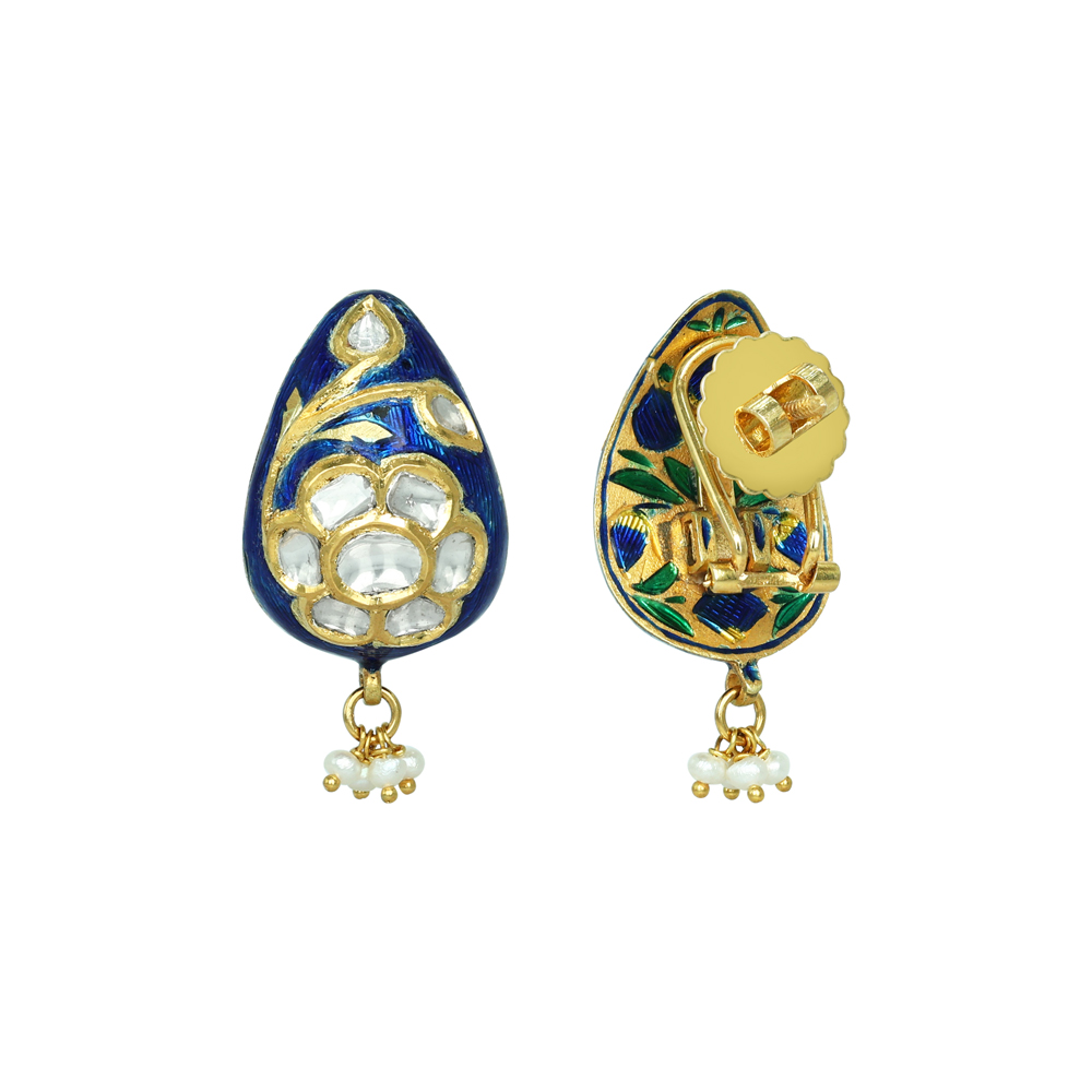 Blue Enamel Polki Earrings with Floral Motif and Pearl Cluster